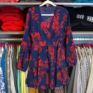 Yinn navy/red floral long sleeve v neck elastic waistband dress size XS